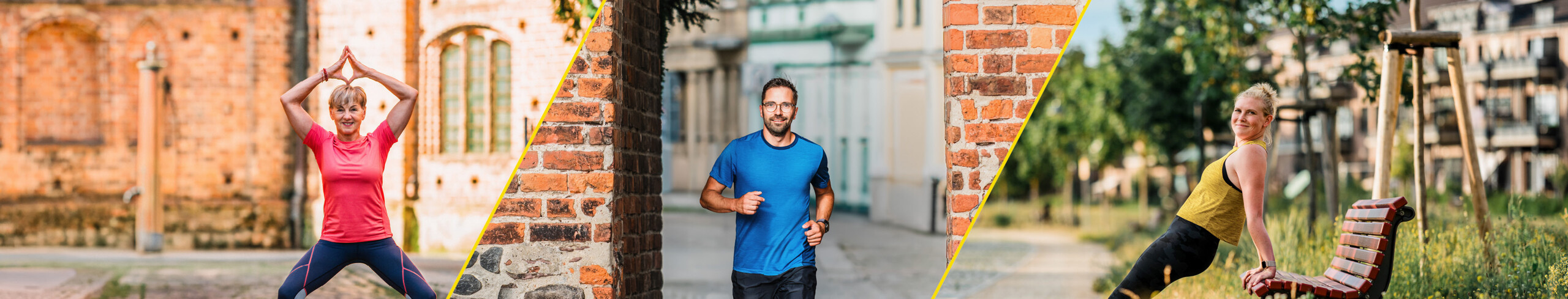 Drei Menschen treiben Sport an verschiedenen Orten in der Bernauer Altstadt: eine Frau macht Yoga in einer Gasse vor der Kirche, ein Mann joggt durch ein Stadttor und eine Frau führt Trizeps-Dips an einer Parkbank aus.