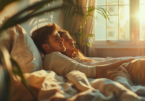 Ein Paar entspannt gemeinsam im Bett, während warmes Morgenlicht durch ein Fenster ins Schlafzimmer fällt.