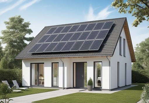 Modernes Einfamilienhaus mit großflächiger Solaranlage auf dem Dach, großen Fenstern und gepflegtem Garten bei sonnigem Wetter.