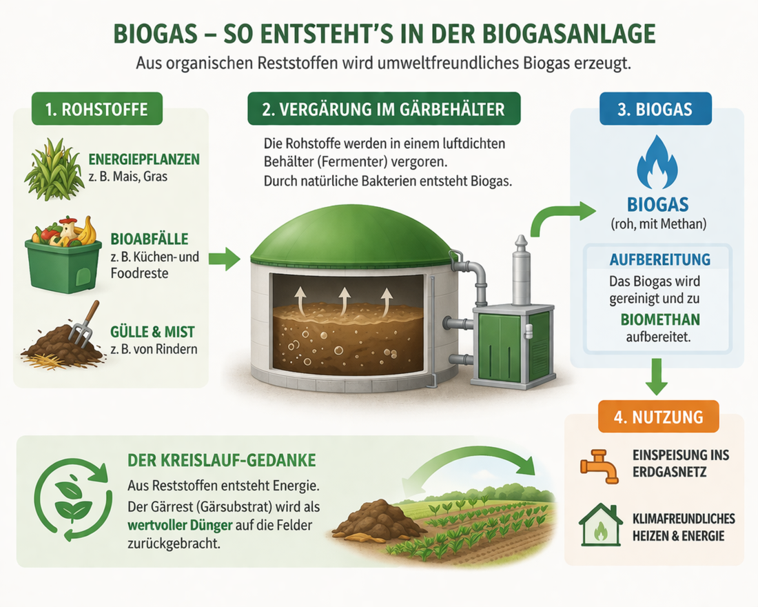 Infografik zur Biogasproduktion: Organische Rohstoffe wie Energiepflanzen, Bioabfälle und Gülle werden in einem luftdichten Fermenter durch Bakterien vergoren, wodurch Biogas entsteht. Dieses wird gereinigt und zu Biomethan aufbereitet, ins Erdgasnetz eingespeist oder zum Heizen und zur Energiegewinnung genutzt. Der verbleibende Gärrest dient als Dünger und schließt den Kreislauf.