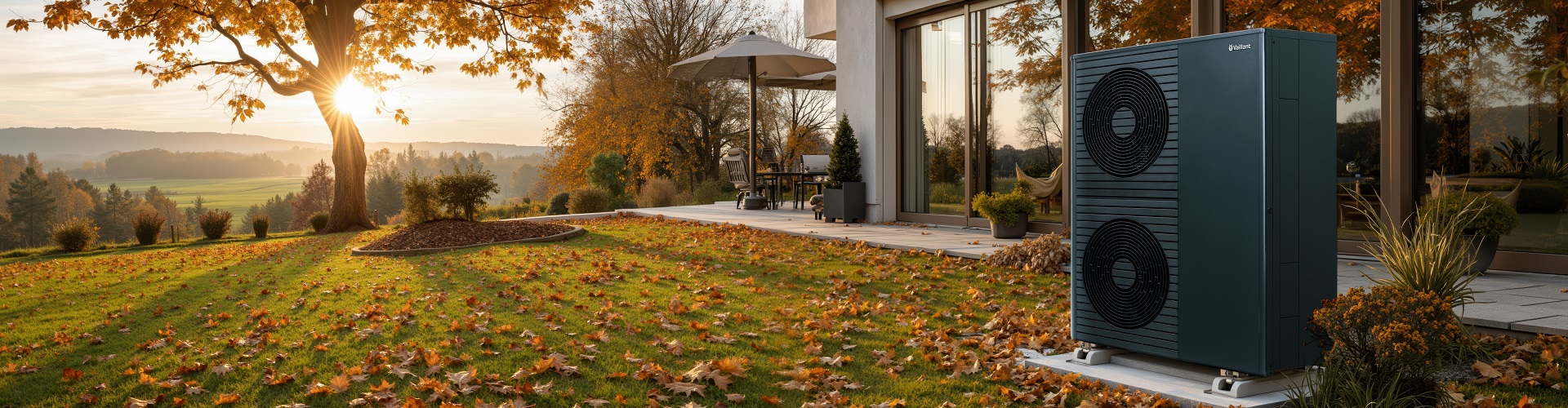 Ein modernes Wohnhaus mit großem Garten zu sehen. Rechts neben dem Haus steht eine Außeneinheit einer Wärmepumpe. Im Vordergrund liegen viele herbstliche Blätter auf dem Rasen, und links steht ein großer Baum mit orange-gelbem Herbstlaub. Die Sonne scheint tief und sorgt für eine warme Abend- oder Morgenstimmung. Im Hintergrund erkennt man eine ländliche Landschaft mit Feldern und Bäumen.